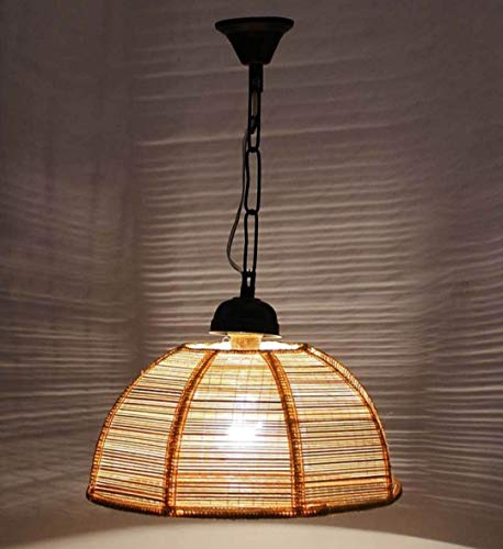 tu casa Offwhite Bamboo Shade with Black Metal-Iron Base Hanging Lamps/Pendent Light | Modern Pendant Ceiling Lamp for Home, Café, Restaurant, Bar & Office Décor (Height- Inch/No Blub Included)