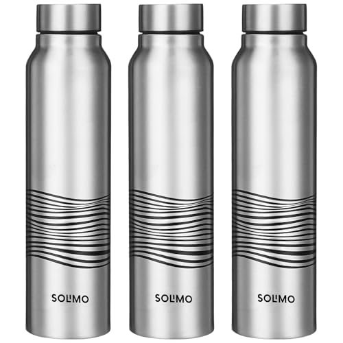 Amazon Brand – Solimo Stainless Steel Bottles (Set of 3) | 970ml Each | 100% Food-Grade | BPA-Free Cap | | Leak & Spill Proof | Ergonomic Grip | For Home & Office Use (Stainless Steel Finish)