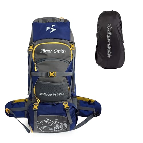 Jager-Smith 70L Rucksack Bag for Men & Women with Rain Cover, Large Water Resistant Trekking Hiking Bag Travel Backpack, 3 Year Warranty