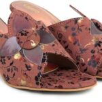 Action Women’s Floral Suede Mules| Black with Peach Flower Appliqué| Gold-Tone Heel_Pink_5