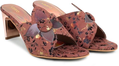 Action Women’s Floral Suede Mules| Black with Peach Flower Appliqué| Gold-Tone Heel_Pink_5