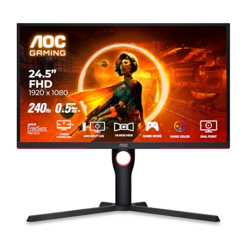 AOC 25G3ZM/BK 24.5″ FHD Gaming Monitor, 240Hz Refresh Rate, 1ms GTG Response Time, 6 Game Modes, Freesync Premium, Low Input Lag, ShadowControl, HDMI & DisplayPort