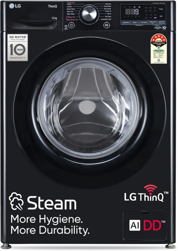 Lg 12 Kg 5 Star, Ai Direct Drive Technology, Wi-Fi Enabled, Steam Wash, Intelligent & Convenient Fabric Care, Allergy Care, Remote Control, In-Built Heater Fully Automatic Front Load Washing Machine With In-Built Heater Black(Fhp1412Z3O)