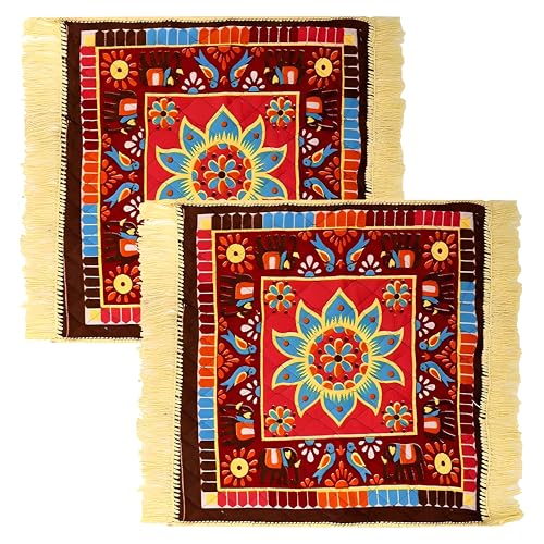 Amazon Brand – Solimo Velvet Prayer Mat | Perfect for Pooja/Meditation/Prayer | Soothing Texture | Multicolor – Check Square Design | (62 x 62 x 1 cm) (Pack of 2)