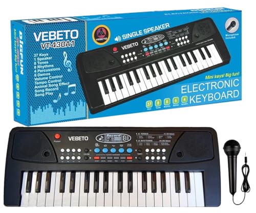 VEBETO Kids Piano Keyboard with Mic (1 Year Warranty) 37 Keys 8 Rhythms 8 Tones 6 Demos Portable Electronic Keyboard Toy Beginners Educational Songs Recording Musical Toys 2 3 4 5 Years Boys Girls