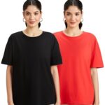 Amazon Brand – Symbol Women’s Cotton Stretch Oversized Fit Round Neck Half Sleeve T-Shirt (Combo Pack of 2) (TS-8 Cont_Black & RED_XL)