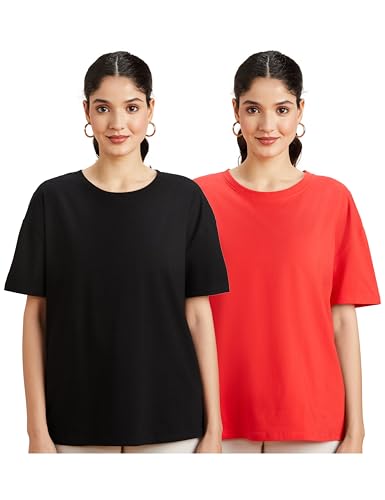Amazon Brand – Symbol Women’s Cotton Stretch Oversized Fit Round Neck Half Sleeve T-Shirt (Combo Pack of 2) (TS-8 Cont_Black & RED_XL)