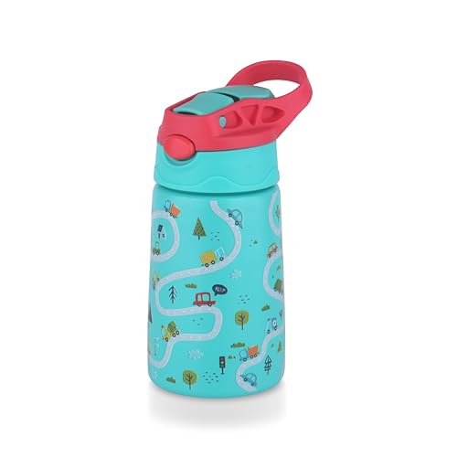 ATTRO Kinder Vacuum Insulated ISI certified Stainless Steel Water Bottle – 330ml, Leakproof, BPA-Free, Eye-Catchy Prints, Ideal for Kids School,Picnic, Travel & Daily Use – Road Trip Green
