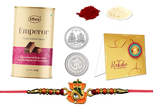 DeoDap Multicolor Bracelet/Rakhi Colorfull Gold Art with Chocolate, Silver Pooja Coin, Tilak Set, Greeting Card – Rakhi Gift for Brother