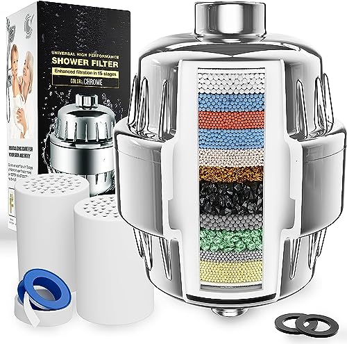 FEELSO FE-15 PRO abs shower and tap filter for hard water with 15 stage Hard Water Softener Cartridge – Universal Shower Head Water Softener (Chrome FE-18 + 2 Cartridge)