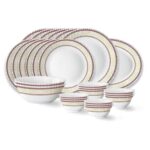 Larah by Borosil Elega Fluted Series Opalware Dinner Set of 6 Full Plate 6 Quarter Plates 6 Veg Bowls, 6 Soup Bowl, 2 Serving Bowl and 1 Oval Rice Plate | Bone-Ash Free Crockery Set (White, 27 Pieces)