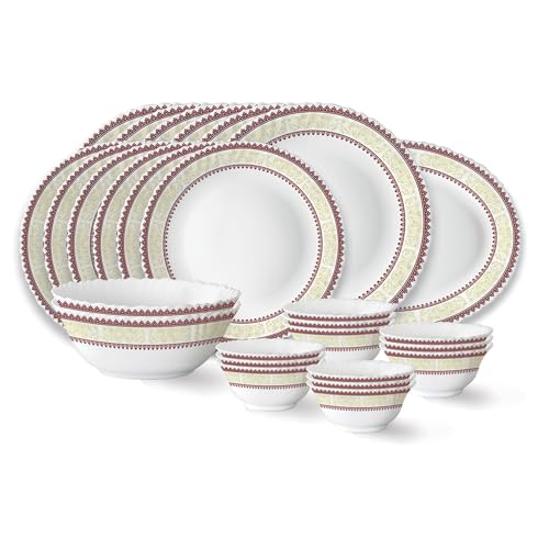 Larah by Borosil Elega Fluted Series Opalware Dinner Set of 6 Full Plate 6 Quarter Plates 6 Veg Bowls, 6 Soup Bowl, 2 Serving Bowl and 1 Oval Rice Plate | Bone-Ash Free Crockery Set (White, 27 Pieces)