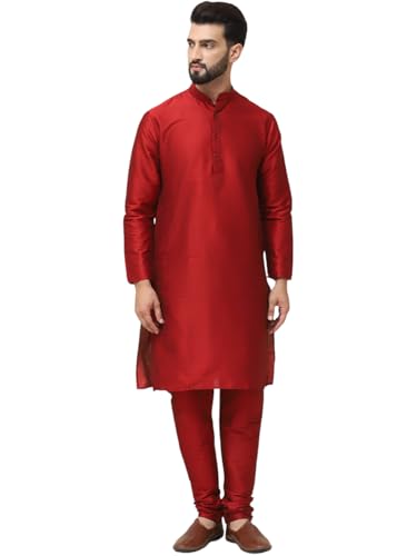 SOJANYA (Since 1958 Men’s Maroon Dupion Silk Kurta & Churidaar Pyjama