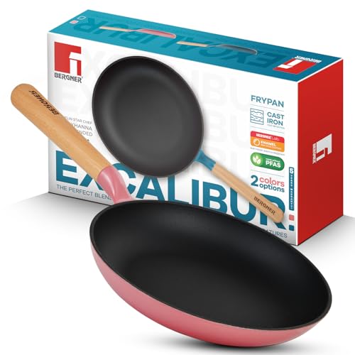 BERGNER Excalibur Lightweight Cast Iron Frypan 18cm, Sturdy Wooden Handle, Non-Stick Coating, PFAS Free, Perfect Heat Distribution, Elegant Design โ Induction and Gas Stove Ready (Pink)