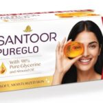 Santoor PureGlo Glycerine Soap with Almond Oil and Glycerine, 125g (Pack of 6) for Nourished Glowing Skin