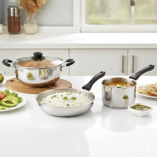 CELLO Galaxy Steelox 3 Pcs Cookware Set | Kadhai with Glass Lid 3L, Milk Tea Saucepan 1.5L, Multipurpose Frying Pan 2L | Gas Stove Compatible, Riverted Handle Stainless Steel Cooking Set for Kitchen