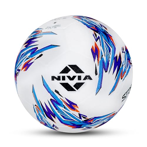 Nivia Storm 2.0 Football | Rubberized Moulded | Suitable for Hard Ground Without Grass, Wet & Grassy Ground & Artificial Turf | Training Ball | for Men/Women | Football Size – 5 (White/Blue)