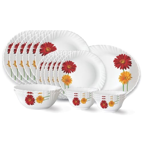 Larah by Borosil Zinnia Fluted Series Opalware Dinner Set | 21 Pieces for Family of 6 | Microwave & Dishwasher Safe | Bone-Ash Free | Crockery Set for Dining & Gifting | Plates & Bowls | White