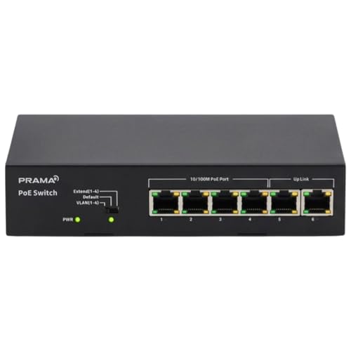 Prama Prama PT-SW1U06P-E 100 Mbps Network PoE Switch, 4 PoE Ports + 2 Uplink RJ-45 Ports