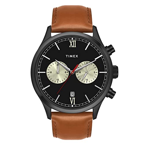 TIMEX Analog Watch for man with Black Round Dial & Tan Leather Strap Band Water Resistant Men’s Wrist Watches – TWEG19808
