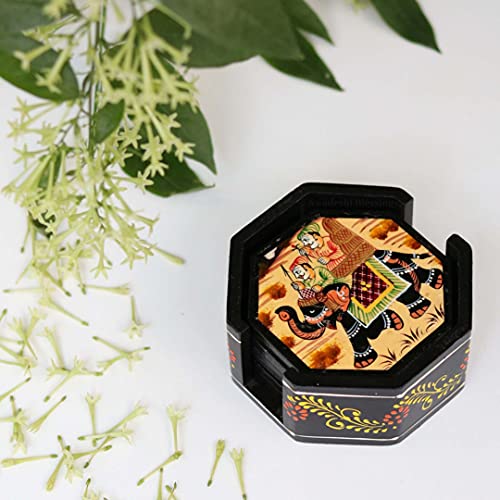 Swadeshi Blessings Wooden Octagonal Coffee/Tea Coasters Set- Handcrafted & Hand-Painted for Kitchen/Table & Home Decor/Dinning/Gifts/Restaurants/Living Room/Coffee Table (Set of 6) (Black)