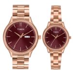 TIMEX Analog Watch for Couple with Burgundy Round Dial & Rose Gold Stainless Steel Bracelet Band Water Resistant Pair’s Wrist Watches – TW00ZP005