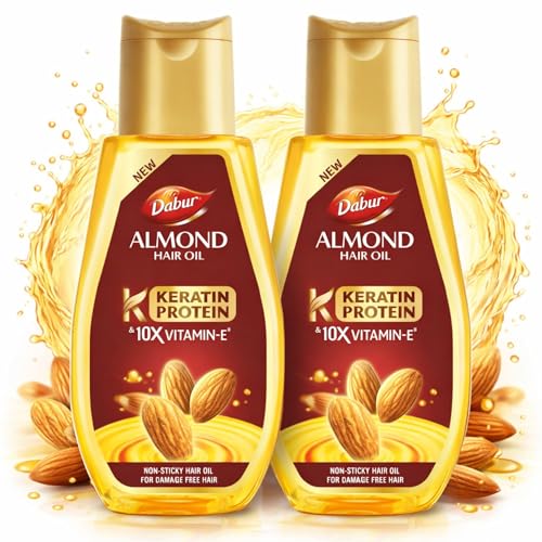Dabur Almond Hair Oil – 500ml | Provides Damage Protection | Non Sticky Formula | For Soft & Shiny Hair | With Almonds, Keratin Protein, Soya Protein & 10X Vitamin E (Pack of 2)