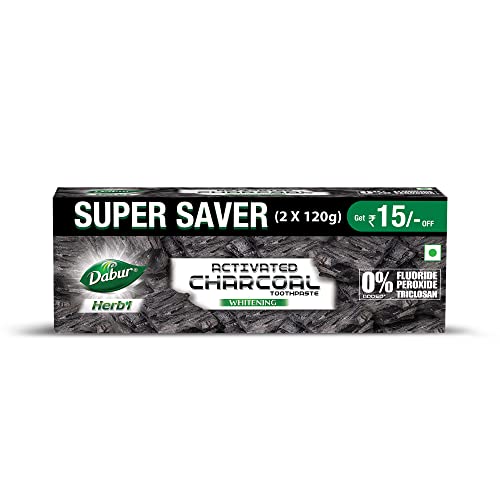 DABUR Herb’L Activated Charcoal Toothpaste 240G (120G x2, Pack of 2)|Whitening Black Gel Toothpaste|Fluoride Free|Fights Plaque & Extrinsic Stains|With Power of Mint|Cool & Refreshing Mouth Experience