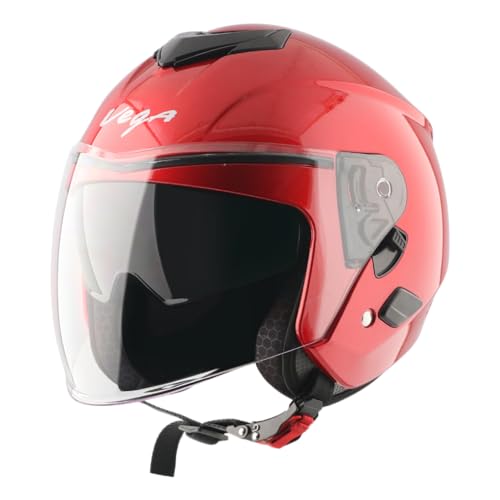 Vega VO 04 Punch Dual Visor Open Face Riding Helmet with Lightweight Shell, Shock-Absorbing Liner, Comfortable Interior, Aerodynamic Design, Ventilated Fit, and Modern Cherry Red Styling Cherry Red M