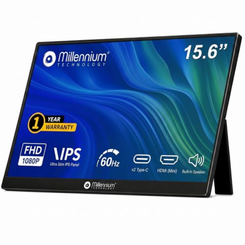 Millennium TECHNOLOGY 15.6″ Portable Monitor FHD 1080P IPS, USB-C & Mini HDMI, Ultra-Slim Laptop Monitor with 80′ Adjustable Stand, Built in- Speaker and Wall Mount (15.6 Inches)