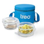 Treo by Milton Sky Lite Tiffin Horizontal | 2 Round Containers (400 ml Each) with Jacket | Borosilicate Glass | Airtight Leak-Proof Lids | Microwave & Oven Safe | Ideal for Office & Travel, Blue