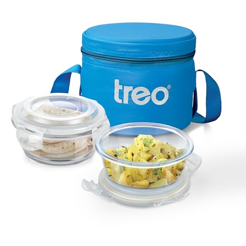 Treo by Milton Sky Lite Tiffin Horizontal | 2 Round Containers (400 ml Each) with Jacket | Borosilicate Glass | Airtight Leak-Proof Lids | Microwave & Oven Safe | Ideal for Office & Travel, Blue