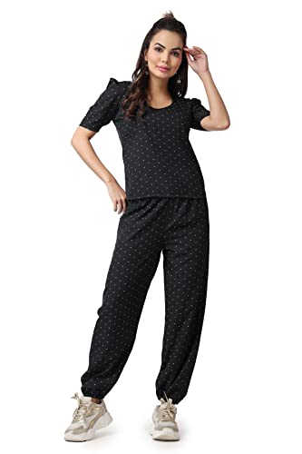 POPWINGS Women’s Black Floral Printed Co-Ords Set – Top and Joggers Combo – Casual, Stylish, Comfortable – Size S