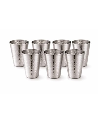 Tosaa Stainless Steel V Shape Hammered Finish Glasses Pack of 6 – Non-Reactive Material Keeps Beverages Safe and Fresh, Suitable for Water, Juice, Milk, Or Cold Beverages
