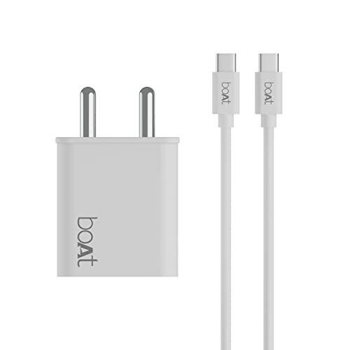 boAt WCDV 22.5W Dual Port Fast Charger, Overheat/Overcharge Protection, Auto Detection for Samsung, Xiaomi & Android Users with Type C to Type C Cable (White)