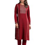 ishin Women’s Maroon Jacquard Style Geometric Pattern Straight Winterwear Kurta