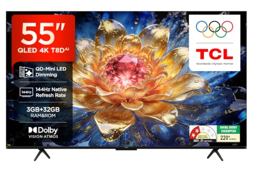 TCL 139 cm (55 Inches) 4K UHD Smart QLED Google TV | QD-Mini LED Dimming | 144Hz Refresh Rate | 3GB RAM | 55T8D