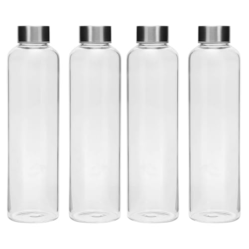 SIMPARTE Borosilicate GlassWater Bottles 750ml | Leak-Proof, Freezer Safe, Wide Mouth | Stainless Steel Cap | Ideal for School, Office, Gym Use | Set of 4