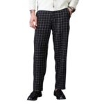 CAHOOT Men’s Midnight Black Graph-Check Staright Trousers for Casual Wear | Mid-Rise | Straight Fit | Drawstring Closure | Trousers Crafted with Comfort Fit for Everyday Wear