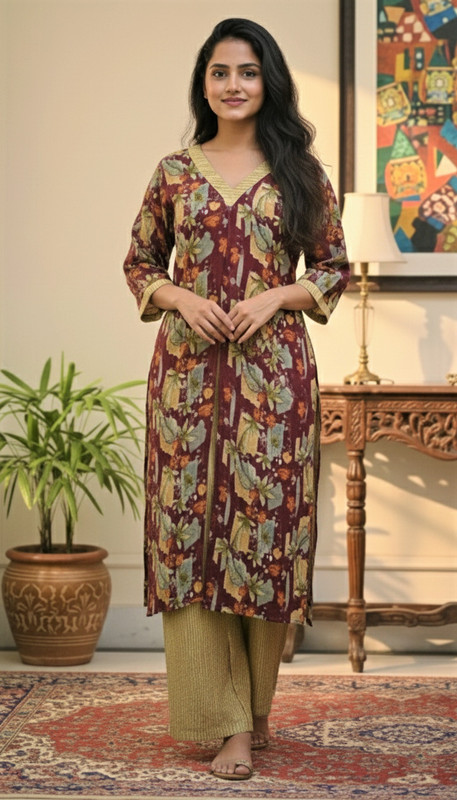80’S Vibes Women Printed, Floral Print Straight Kurta(Maroon)