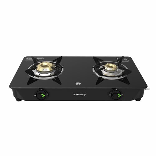 Butterfly Bleu Ray 2 Burner Glass Top Gas Stove | Removable Drip Tray | Brass Burner Gas Stove with Tri‑Flow Jumbo Burner