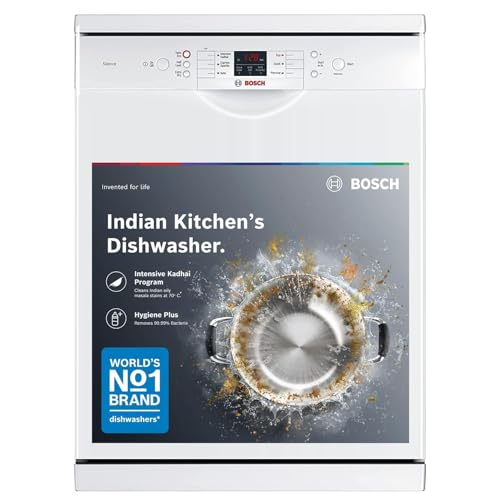 Bosch 13 Place Setting (fits up to 70 utensils) Free-Standing Dishwasher for Indian Utensils | Hygiene+ & Intensive Kadhai Program (SMS66GW01I, White, Inbuilt Heater, Removes 99.9% Germs)