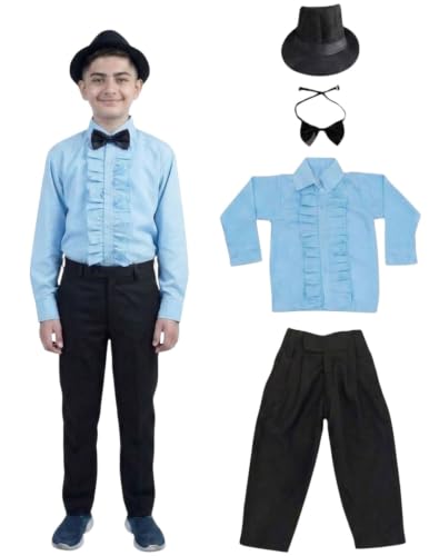 BookMyCostume Ballroom Western Dance Blue Frill Shirt Black Pant Hat & Bow Set Kids Fancy Dress Costume 3-4 years