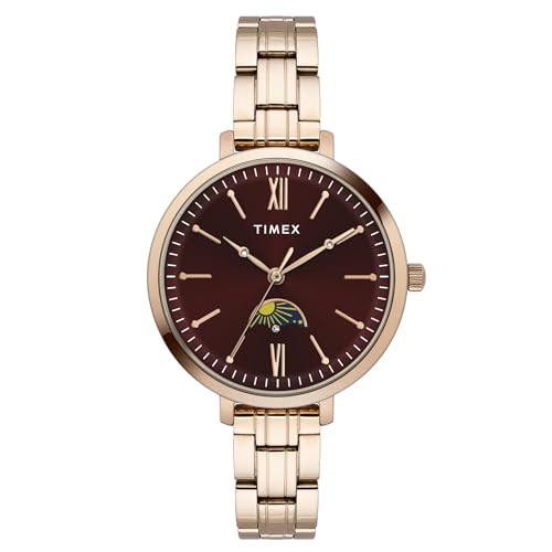 TIMEX Analog Watch for Woman with Black Round Dial & Rose Gold Stainless Steel Bracelet Band Water Resistant Women’s Wrist Watches – TWEL20102