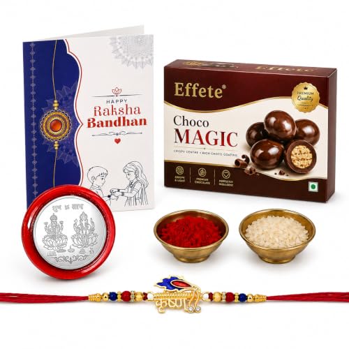 Effete Rakhi with Chocolate for Brother – Krishna Design Multicolor Rakhi with Choco Magic Chocolate 32gm, Silver Colour Coin, Greeting Card & Tilak Set – Tradtional Raksha Bandhan Gift Combo for Bhai