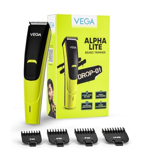 VEGA Alpha Lite Beard Trimmer for Men, Self-Sharpening Blades, Trimmer for Man, 4 Comb Attachment, Up to 6 Weeks Runtime 1 Charge, USB Type-C 2X Fast Charging, 2 Yrs Warranty(VHTH-44)