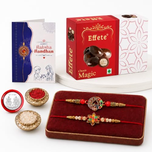 DeoDap Rakhi with Chocolate for Brother – Bird & Floral Design Rakhi with Choco Magic Chocolate 32 Gm, Greeting Card, Silver Color Coin & Tilak Set – Raksha Bandhan Combo for Bhai (K2_181+189_EM32)