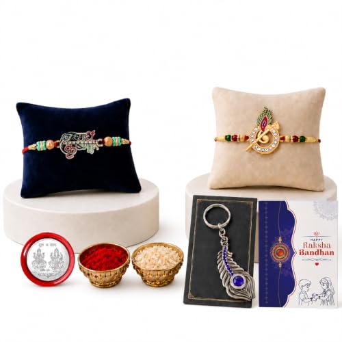 DeoDap Rakhi for Brother – Mix Design 2 Pc Rakhi for Brother with Feather Shape Keychain, Silver Color Coin, Greeting Card & Tilak Set, Traditional Raksha Bandhan Gift Combo Pack (K2_703+1840_17703)