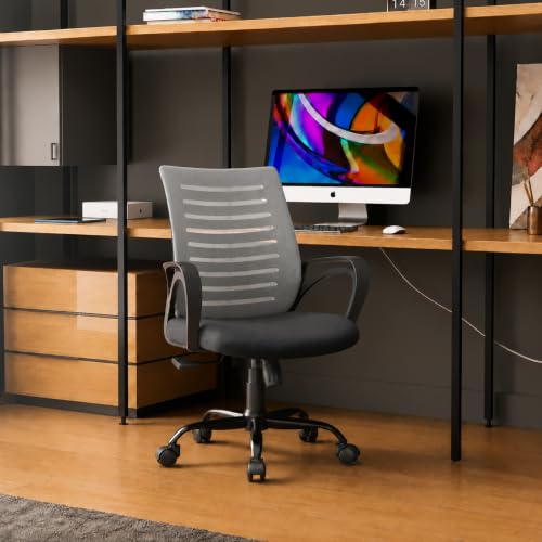 CELLBELL Desire C104 Ergonomic Mesh Office Chair for Home & Office | Mid Back Computer Chair with Adjustable Support, Smart Tilt Lock, Height Adjustment, Metal Base & 360° Swivel Wheels (Grey)