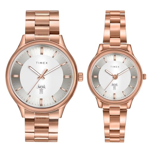 TIMEX Analog Watch for Couple with Silver-Tone Round Dial & Rose Gold Stainless Steel Bracelet Band Water Resistant Pair’s Wrist Watches – TW00ZP008